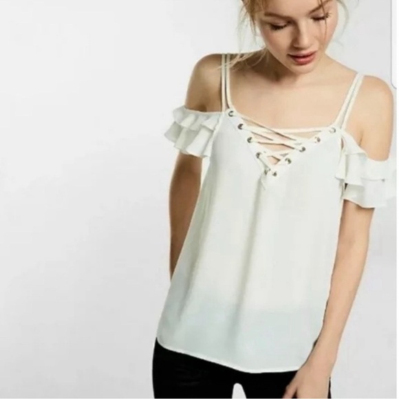 Express flowy chiffon lace up cream ruffle top - Picture 4 of 9